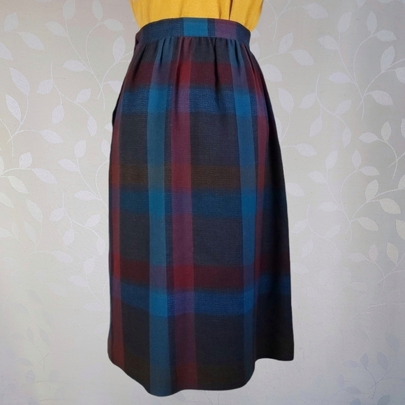 Vintage Buffalo Plaid Dark Academia Wool Midi Skirt Jewel Red Teal Prophecy - Picture 3 of 15